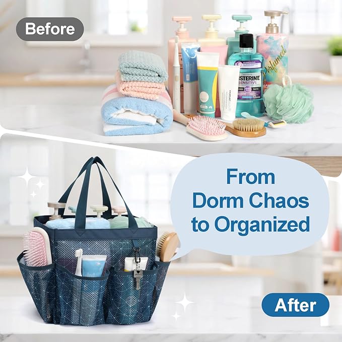 F-color Mesh Shower Caddy Portable with Drawstring - Upgrade Deeper 7 Pockets Dorm Room Essentials for Guys Girls with S Hook, Shower Bag Basket Tote for College Camping Gym Bathroom, Starlight Navy