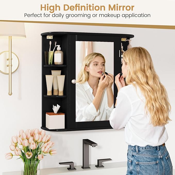 COSTWAY Medicine Cabinet with Mirror, Wall Mounted Bathroom Storage Cabinet with Mirror Door and Adjustable Shelves, Space-Saving Storage Organizer for Living Room Kitchen Entryway (Black)