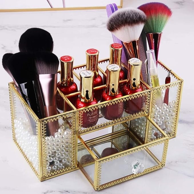 Yamfurvo Makeup Organizer Handmade Vintage Brass Frame Makeup Brush Holder Glass Makeup Brushes Storage Cosmetic Organizer Makeup Vanity Decoration Jewelry Box