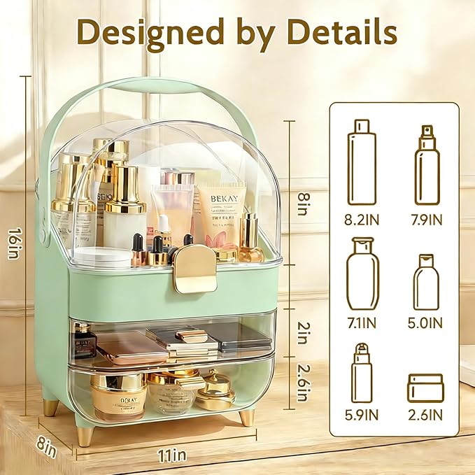 Makeup Organizer with Drawers,Cosmetic Display Case for Vanity,Skincare Organizer with 360 Rotating Brush Holder,Large Storage Box Dresser for Women Gifts, Bathroom Countertop,Green