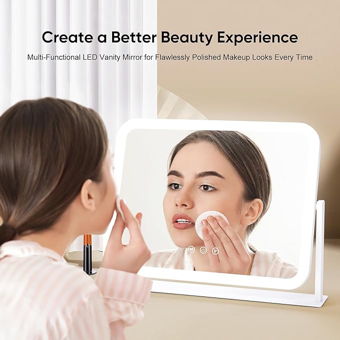 Vanity Mirror with LED Lights, 16.4x12.2 Inch Makeup Mirror, 3-Color Dimmable Touch Screen, 5X Magnification, 360° Rotation, Large Tabletop Mirror for Bedroom Vanity