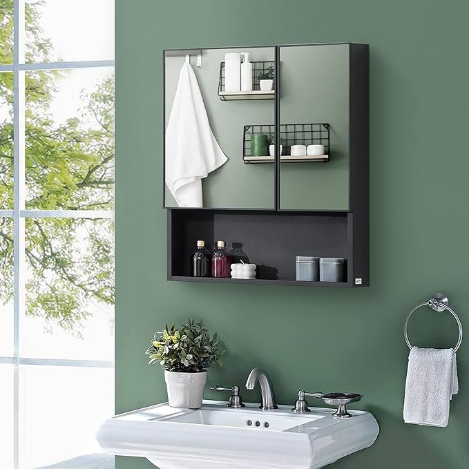 kleankin Wall-Mounted Medicine Cabinet, Bathroom Mirror Cabinet with Double Doors and Storage Shelves, Black