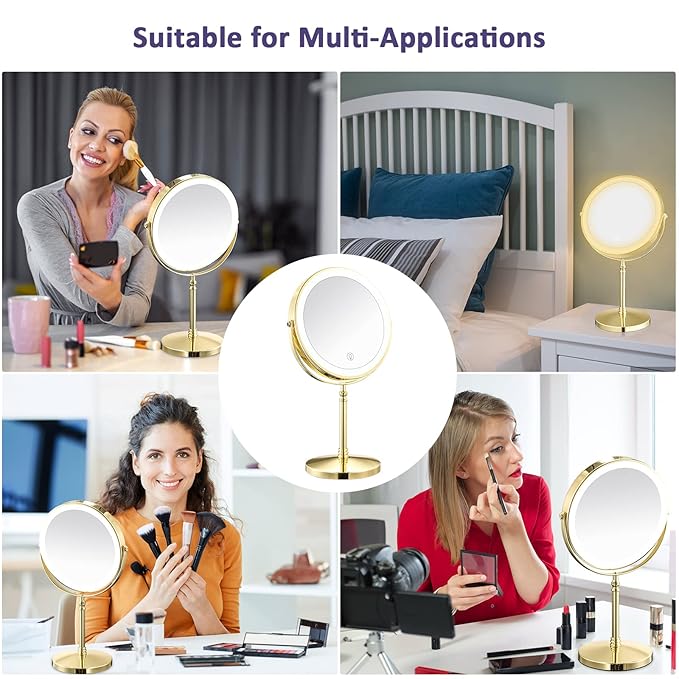 Gold Makup Mirror with Lights, 10X Magnifying Lighted Vanity Mirror, 8 Inches 360 Swivel Two-Sided Tabletop Mirror Gold Finish