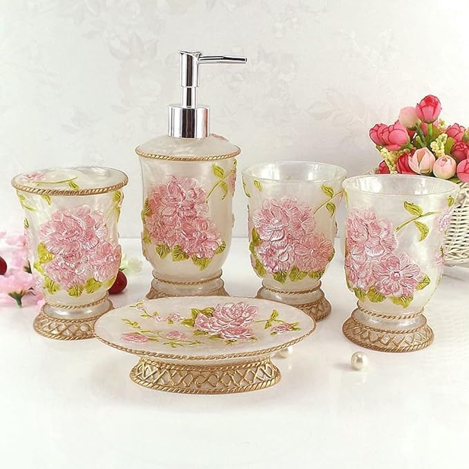 Vintage Bathroom Accessories, 5Piece Bathroom Accessories Set, Bathroom Set Features, Soap Dispenser, Toothbrush Holder, Tumbler & Soap Dish - Bath Gift Set