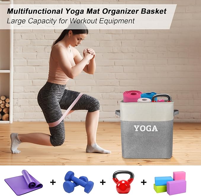 Lukeline Yoga Mat Holder Storage Basket, Home Gym Storage Organizer Yoga Exercise Equipment Storage, Yoga Basket Foam Roller Workout Equipment Storage for Home Exercise and Fitness Gear
