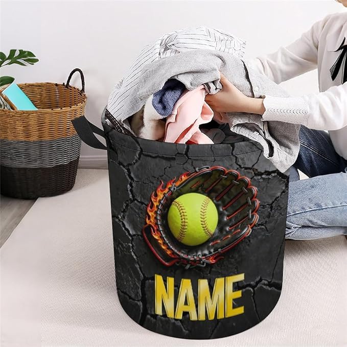 Personalized Softball Laundry Hamper Custom Name Funny Dirty Clothes Laundry Basket Portable Storage Basket For Home Bathroom Family Softball Lovers Xmas Birthday (style 5)