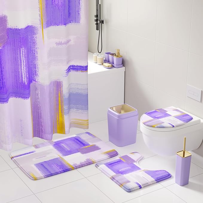 XLHOMO Bathroom Accessories Set - 26PCS Purple Bathroom Set, Bathroom Accessory Set with Shower Curtain and Rugs and Bathtub Mats for Home