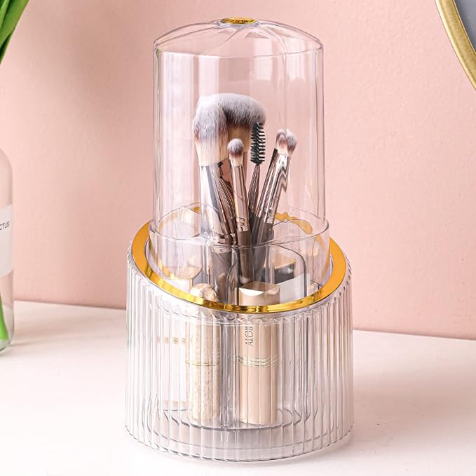 Makeup Brush Organizer, 360° Rotating Makeup Organizer with Lid, Dustproof Cosmetic Brush Holder for Vanity, Cosmetic Storage Box for Desk Bathroom Countertop (Golden)
