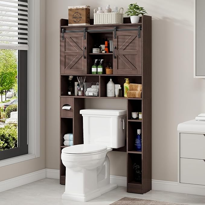Vabches Farmhouse Storage Cabinet Over Toilet with Sliding Doors, Home Space-Saving Toilet Rack, Over The Toilet Storage Cabinet, Open Storage Shelf, for Bathroom, Laundry, Restroom.Espresso