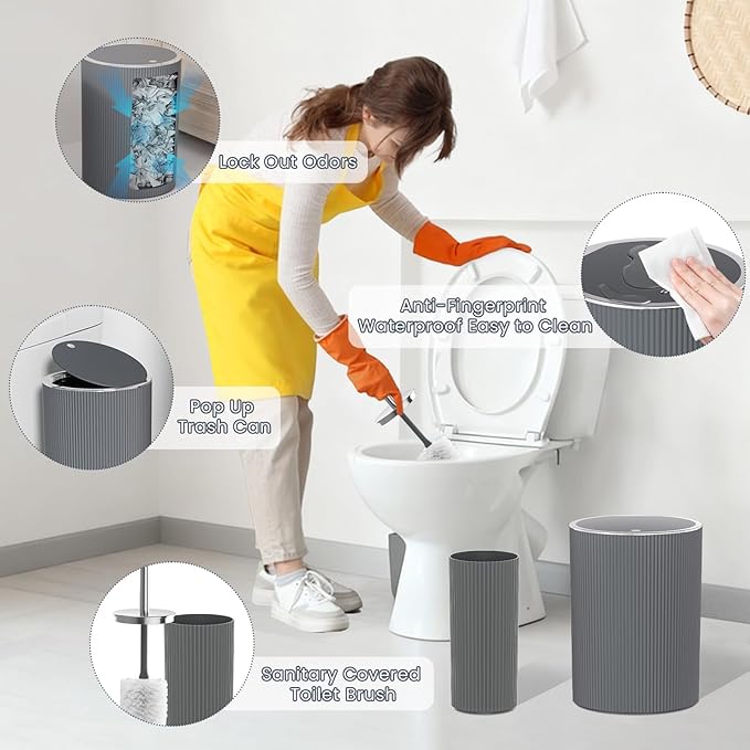 Grey Bathroom Accessories Set, 10PC Bathroom Set, Bath Accessory with Pop Up Trash Can, Soap Dispenser, Toilet Brush, Toothbrush Set Qtip Holders & Tray