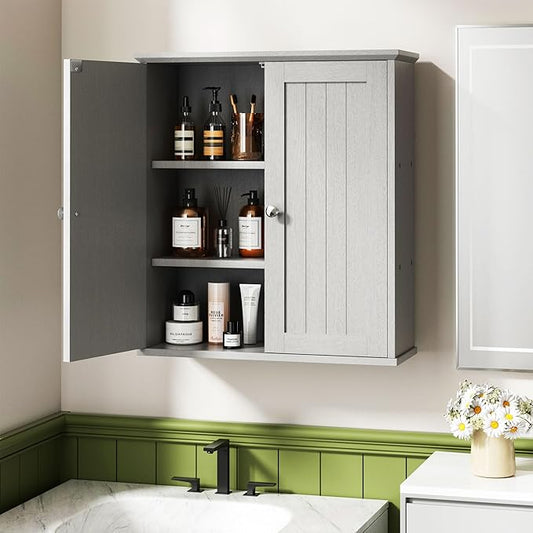 SUNLEI Bathroom Medicine Cabinet with 2 Doors, Bathroom Wall Cabinet with Storage, Space Saving Storage Cabinet with 3-Tier Shelves, Grey