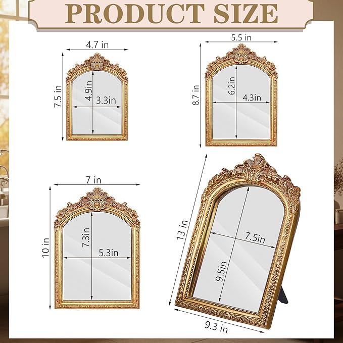 Thyle 4 Pcs Vintage Gold Antique Mirror Set Arch Retro Resin Baroque Decorative Makeup Mirror Square Hanging Wall Desk Tabletop Room Bedroom Bathroom Gallery (13x9 10x7 8x5 7x4)(Light Color)
