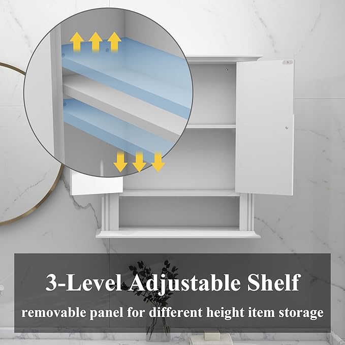 White Bathroom Wall Cabinet, Over the Toilet Storage Cabinet, Bathroom Cabinet Wall Mount, 2 Doors & Hooks, Medicine Cabinet Organizer, Hanging Wall Cabinet Cupboard for Kitchen Laundry Room White
