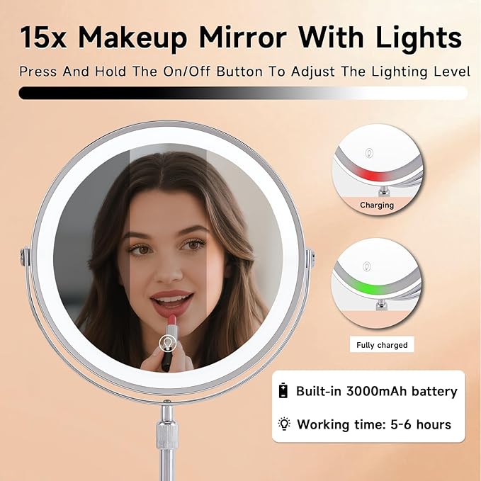 1X/15X Magnifying Makeup Mirror with Lights - 9" Large Dual-Sided Vanity Mirror with 3 Color Lights for Women's Travel Cosmetic Mirror | 3000 mAh-USB Rechargeable | 360° Rotation | Adjustable Height