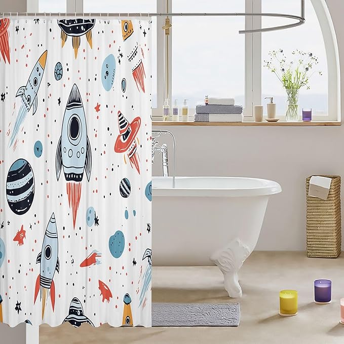 Feelyou Kids Space Rocket Shower Curtain Set - Boys Universe Planet Bathroom Adventure Bath Curtain - Space Ship Design - Waterproof Room Decor - 72"x72"