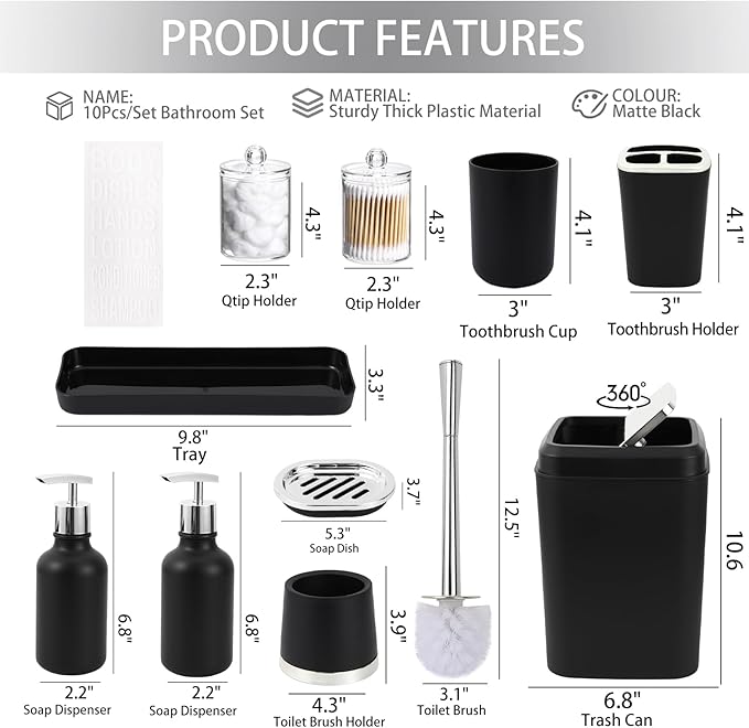 XLHOMO Black Bathroom Accessories Set - 10 Piece Bathroom Set with Trash Can and Toilet Brush, Soap Dispenser, Toothbrush Holder and Cup, Soap Dish, and Qtip Holder, for Housewarming Gift