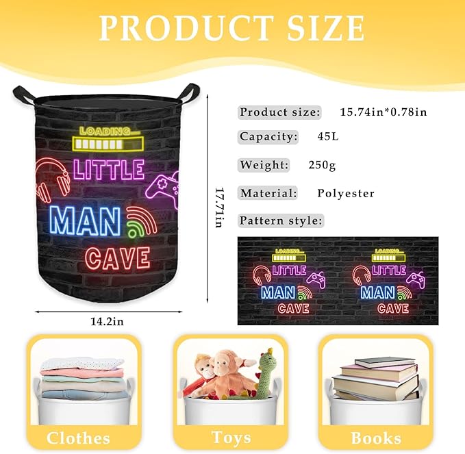Little Man Cave Gamer Boy Laundry Basket, Gaming Decor for Boys Bedroom, Neon Gaming Laundry Basket Hamper Waterproof Collapsible Clothes Toybox Storage Bin Organizer for Kids Boys Room Nursery