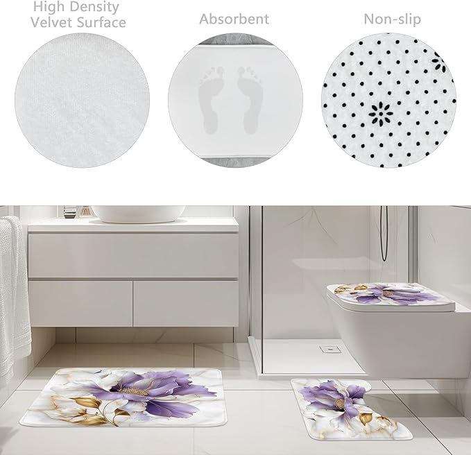 Riyidecor Purple Gold Marble Floral 4Pcs Bathroom Shower Curtain Sets Modern Abstract Flower Bathroom Decor Set with Rugs and Accessories Minimalist Toilet Lid Rug, Contour and Bath Mat with 12 Hooks