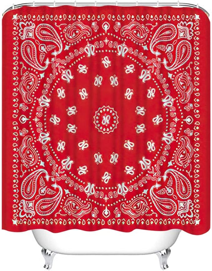4 Piece Western Shower Curtain Waterproof Bandana in Red and White Bathroom Sets with Non-Slip Rugs, Toilet Lid Cover and Bath Mat with Standard Size