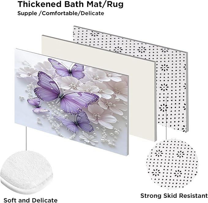 ZLQQ 4Pcs Butterfly Shower Curtain Sets with Rugs Butterfly Pearl Bathroom Set with Non-Slip Rugs Toilet Lid Cover and Bath Mat Vintage Shower Curtain with 12 Hooks, Durable Bathroom Decor Set