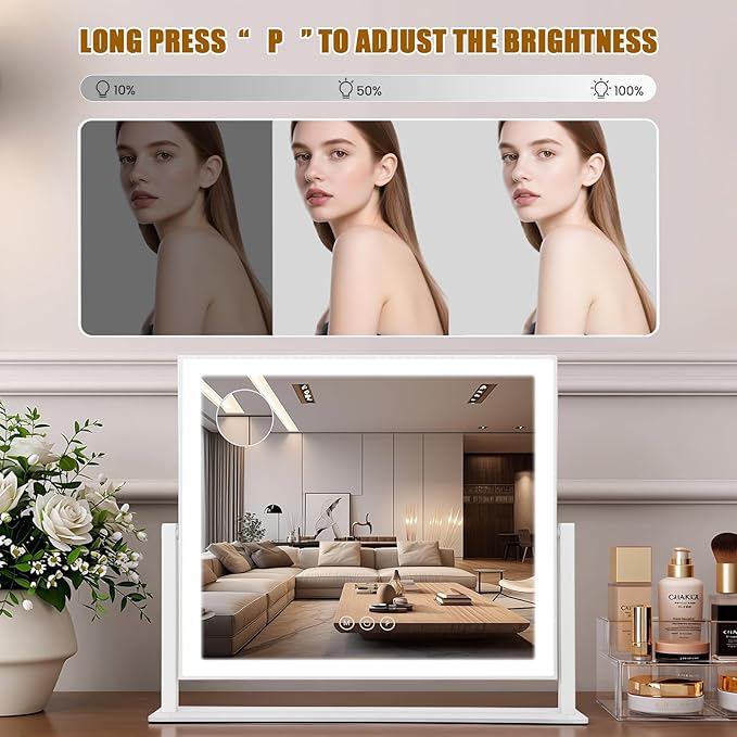 Vanity Mirror with Lights 16.7"x14", LED Makeup Mirror, 3 Color Lighting Modes, 10X Magnification, Smart Touch Control, Dimmable, Aluminum Metal Frame, Lighted Up for Vanity Desk (White)