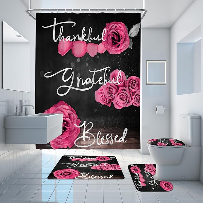 Onalasyc 4Pcs Pink Rose Shower Curtain Set with Rugs Waterproof Bathroom Sets with Shower Curtain and Rugs Romantic Rose Floral, Thankful Grateful Blessed Bathroom Curtains Shower Set,with 12 Hooks