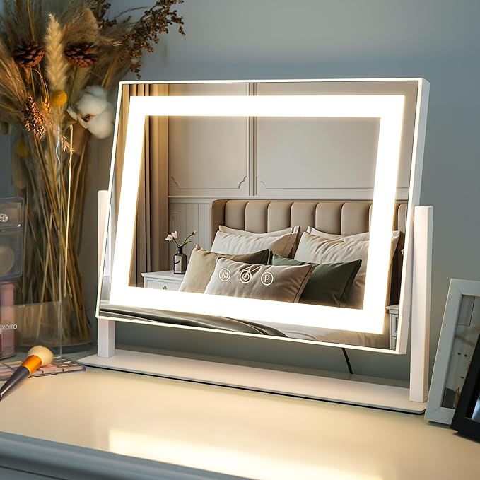 Vanity Mirror with Lights, LED Makeup Mirror, Light Up Vanity Mirror with 3 Colors Dimmable Strip Light, Dimming Touch Sensor, Detachable 15X Spot Magnifying, 360 Rotation (White)