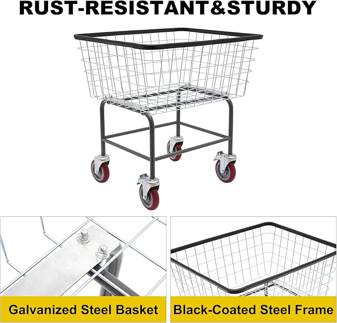 135L Wire Laundry Cart w/Wheels, Rolling Laundry Basket, Commercial Basket Carts for Laundry Room, Hotel, Home, Apartment Use, Durable Steel Frame with Galvanized Finish, 5" Casters