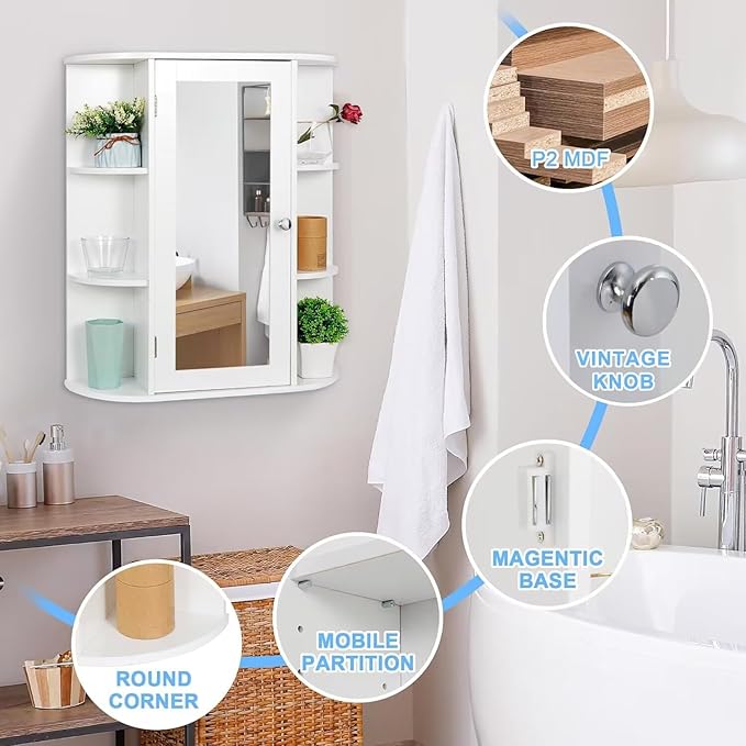 SUPER DEAL Bathroom Mirror Medicine Cabinet with Storage, Wall Mount Cabinet with Mirror Door, Inner Adjustable Shelves, 6 Open Shelves, White