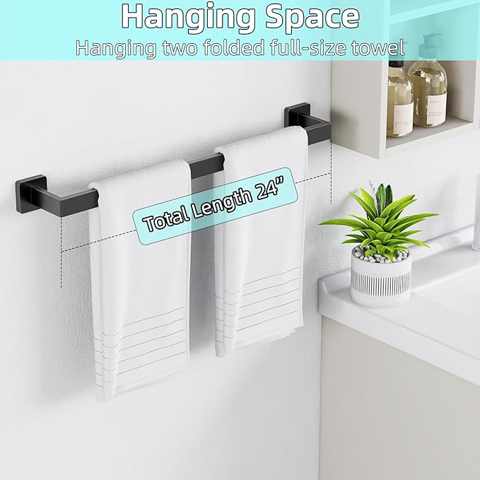 24" Bathroom Towel Bar, 24 Inch Towel Racks for Bathroom Wall Mounted, 304 Stainless Steel Hand Towel Holder Organizer, Modern Home Decor Towel Rod, Matte Black Towel Hangers for Bathroom Wall