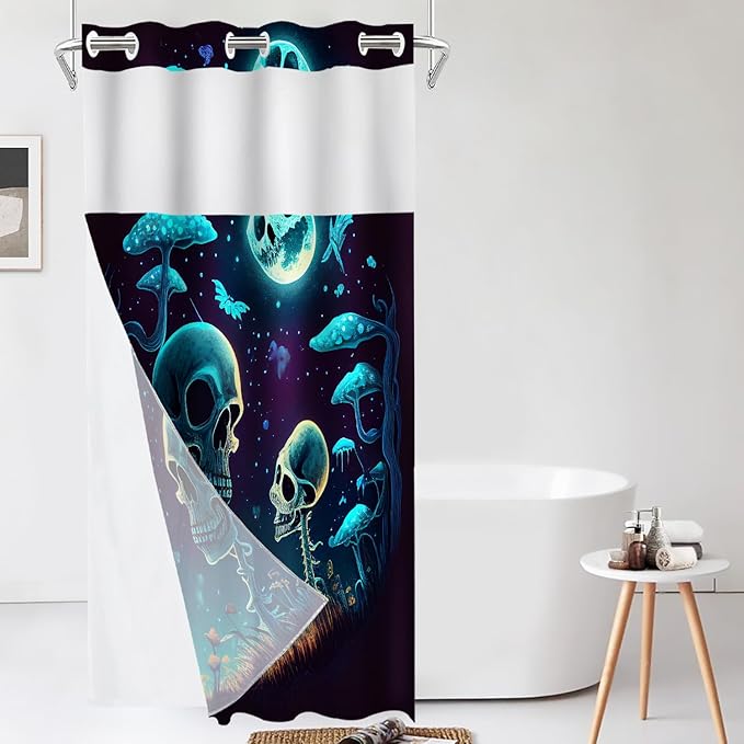 Shrahala Happy Halloween Funny No Hooks Shower Curtain with Snap in Liner Set, Skeletons Grass Mushrooms Starry Sky Bathroom Décor Polyester Fiber Waterproof for Stall Bathtubs 35.5 x 74 in