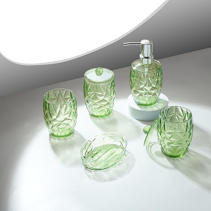 Modern Shatterproof Acrylic Olive Green Bathroom Accessories Set – 5-Piece Glass-Free Vanity Set with Soap Dispenser, Toothbrush/Makeup Brush Holder, 2 Cotton Jars with Lids, and Soap Dish