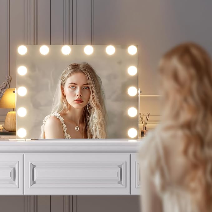 Hasipu Vanity Mirror with Lights and Bluetooth Speaker, 17.7" x 13.8" Hollywood Mirror, Makeup Mirror with 14 Dimmable Bulbs and 10X Magnification, 3 Colors Modes, 360° Rotation, White
