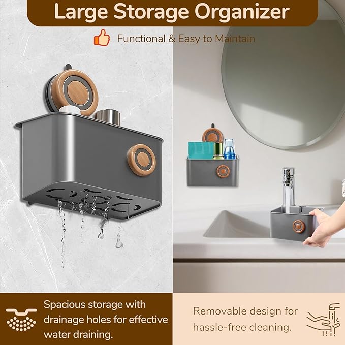 Shower Caddy Suction Cup, Removable Waterproof Bathroom Organizer Shower Shelf with Drainage, Suction Plastic Storage for Inside Shower, Shampoo, Bathroom Accessories Holder, Gray (Mahogany-S)