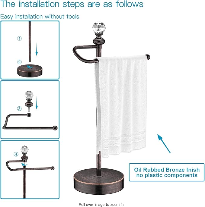 ROLABAM Heavy Weighted Hand Towel Holder(with Crystal Ball) Standing Hand Towel Holder Total Height 15.7'' for Kitchen,Bathroom,Vanity,Classic Decorative Metal Hand Towel Stand,Oil Rubbed Bronze