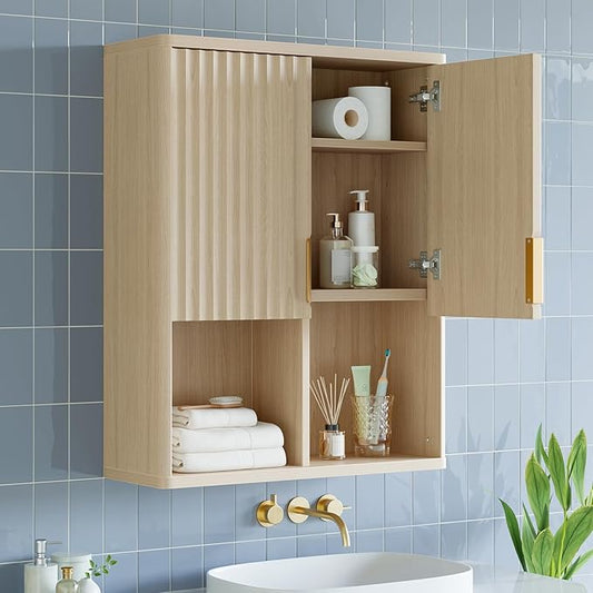 Besiter Fluted Bathroom Wall Cabinet, 23"x 29" Wall Mounted Medicine Cabinet with 2 Doors & Adjustable Shelves, Over The Toilet Storage Cabinet for Laundry Rroom, Kitchen & Living Room, Natural Oak