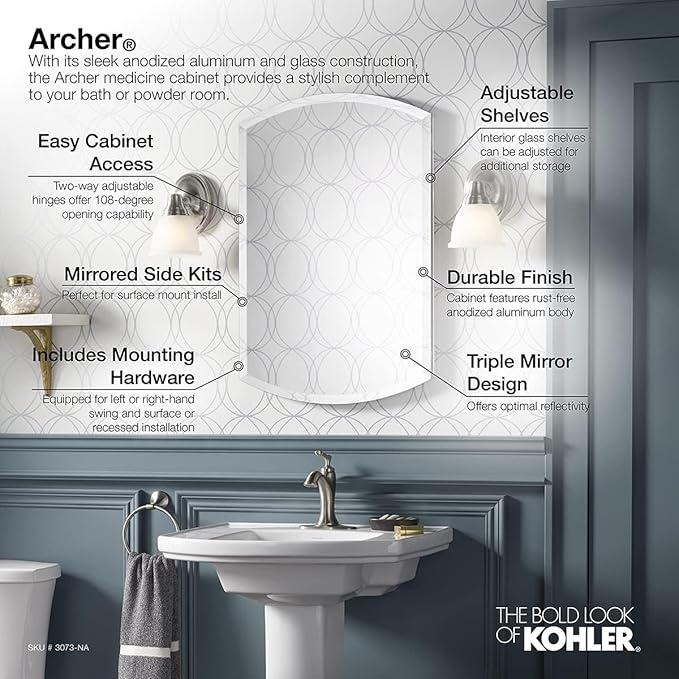 Kohler 3073-NA Archer 20" W x 31" H Aluminum Single-Door Bathroom Medicine Cabinet with Mirror, Recessed or Surface Mount Bathroom Wall Cabinet, Beveled Edges