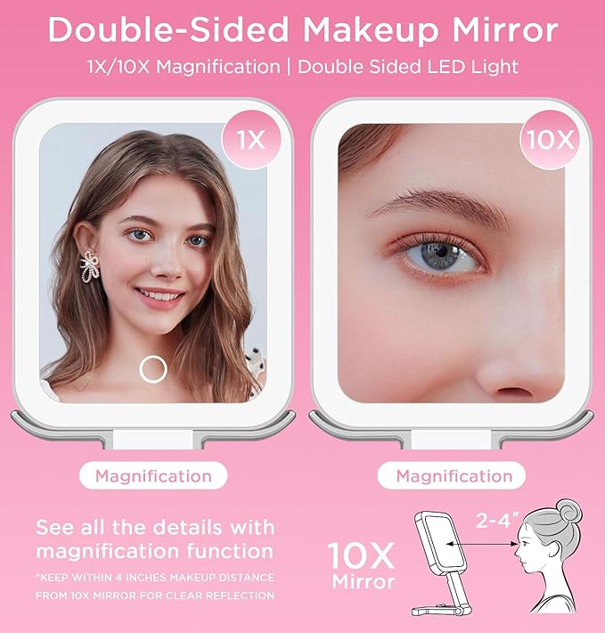 Travel Mirror with Lights, Magnifying Makeup Mirror 10X/1X Double Sided with 3 Color Lighting & Dimmable Touch Screen, Compact Handheld Cosmetic Vanity Mirror for Desktop Travel/Bathroom, Women Gifts