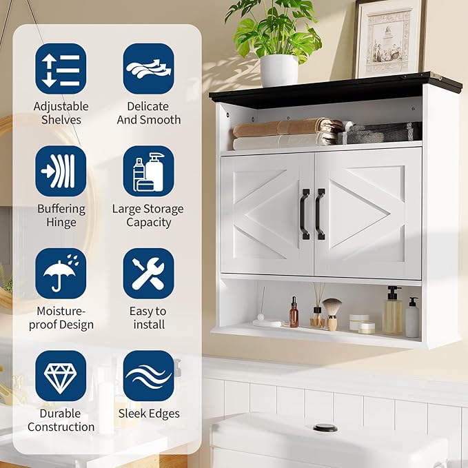 Bathroom Wall Cabinet - Medicine Cabinet with Barn Doors & Adjustable Shelf - 25x23.6x9 Inch Wall Cabinet for Bathroom, Kitchen, Laundry Room, Entryway