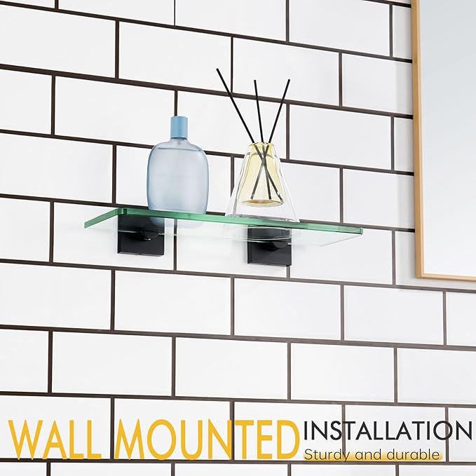 KOKOSIRI Glass Shelf Floating Bathroom Shelves 12-Inch for Shower Storage Home Decor Kitchen Hanging Rack Wall Mount, Black Stainless Steel B1107BK-L12