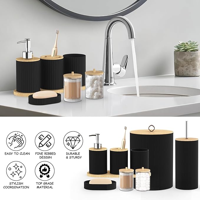 Bathroom Accessories Set 22 Pcs, Complete Bathroom Decor Set with Shower Curtain, Hooks, Waste Bin, Soap Dispenser, Toothbrush Holder, Black Bathroom Accessory Kit for Home Decor