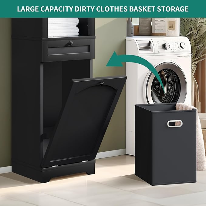YITAHOME Tilt Out Laundry Hamper Cabinet, 53" Tall Hidden Laundry Hamper with Drawer, Bathroom Storage Cabinet Shelf with a Clothes Basket, Black