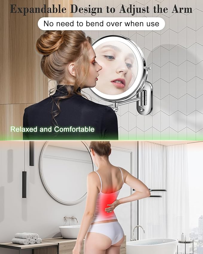9'' 30X/1X Wall Mounted Lighted Makeup Mirror, Height Adjustable Double Sided 5000mAh Rechargeable Magnifying Bathroom Mirror with Light, 3 Color Modes Touch Dimmable Extended Arm 360 Rotation