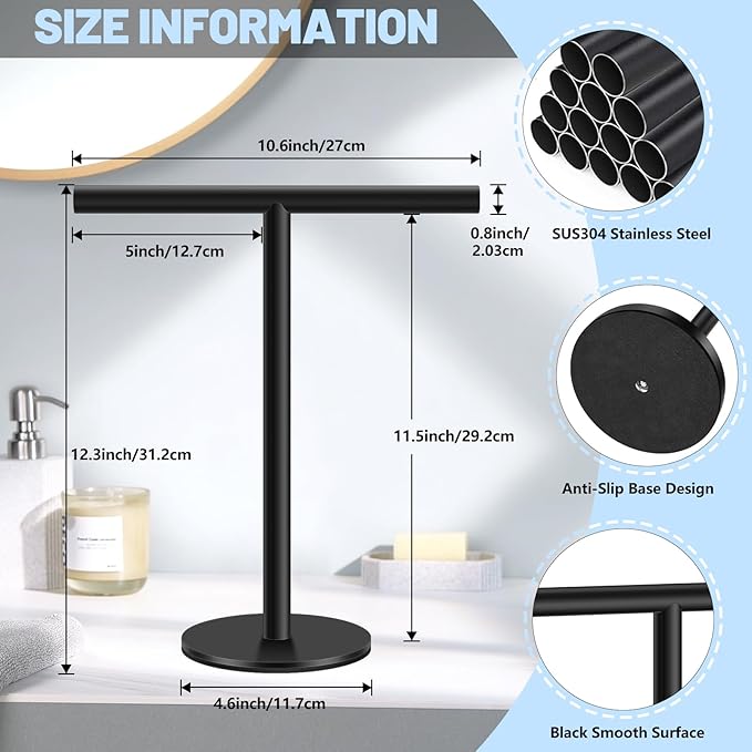 Elibbren Bath Hand Towel Holder Standing, Stainless Steel Matte Black Towel Bar Rack Stand for Bathroom and Kitchen Vanity Countertop, Modern Towel Holder，2 Pack