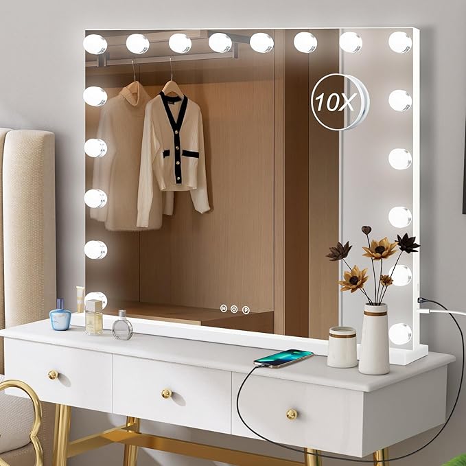 Moonee Hollywood Vanity Mirror with Lights,Makeup Mirror with 18 Dimmable Bulbs and 10X Magnification,3 Colors Modes,Aluminum Metal Frame,USB Charging Port（32" x 24"）