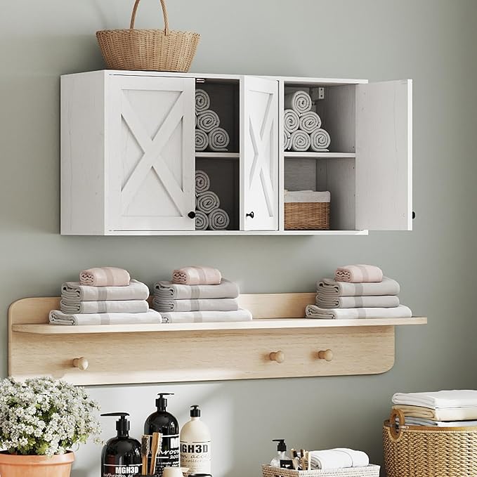 YOURLITE Laundry Cabinet, Medicine Cabinet, Bathroom Kitchen Storage Wall Mounted Farmhouse Organizer with Shelves Over Toilet, 36" Wide, White