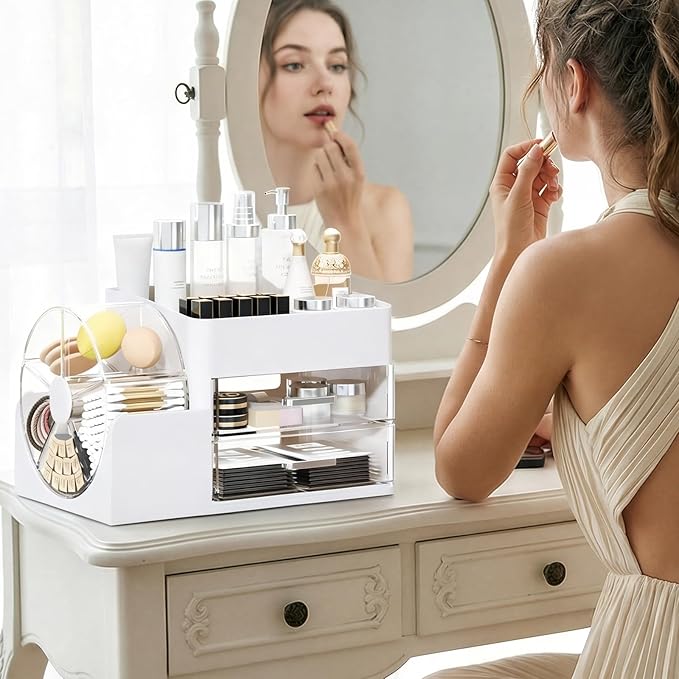 Makeup Organizer with Large Capacity, Stain-Resistant Rotating Clear Compartment and 2 Drawers for Cosmetics and Skincare Storage – Vanity Countertop Organizer for Bathroom and Bedroom (White)