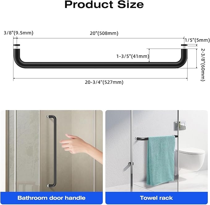 Ranbo Glass Shower Door Towel Bar 20 Inch Stainless Steel Sliding Shower Door Handle Replacement with Matte Black Finish for Commercial and Residential Glass Doors