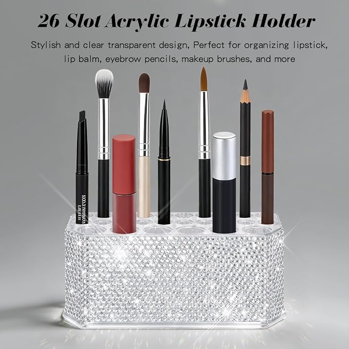 Yivaiks Bling Acrylic Makeup Eyeliner Lip Liner Holder Organizer with Glitter Rhinestone, 26 Spaces