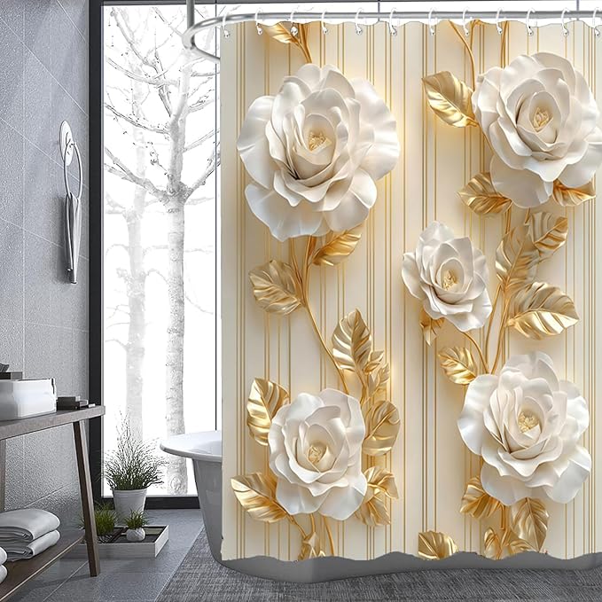 NBVKO 4Pcs Luxury White Rose Shower Curtain Set with 12 Hooks Non-Slip Rugs,Toilet Lid Cover and Bath Mat,Gold Bathroom Decor for Hotel & Home Bathroom